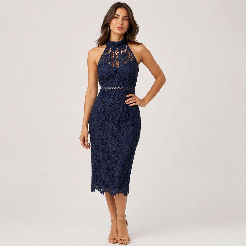 Bardot Isa Lace Halter Midi Dress Navy High Neck Sheath Cocktail Womens US 8